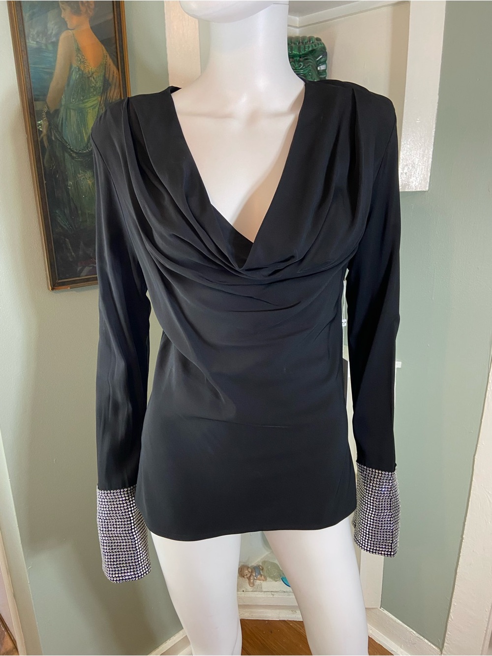 Ronny Kobo Sandra Draped Cowl Neck Long-Sleeve Top Blouse Rhinestone Cuffs [TE]